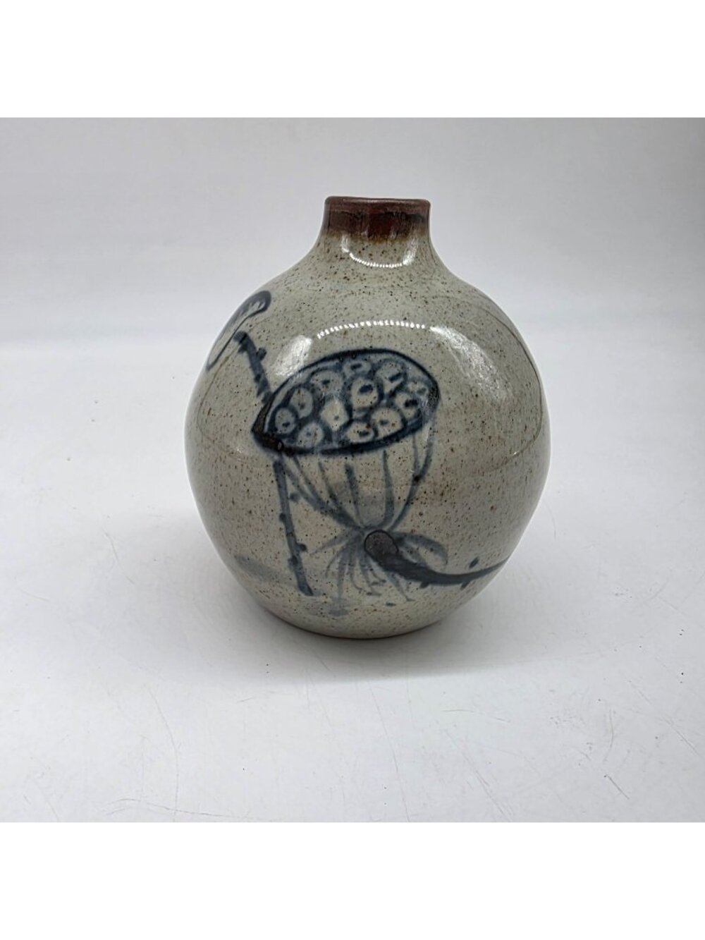 Handcrafted Round Ceramic Vase With Blue Abstract Floral Design 4.5"